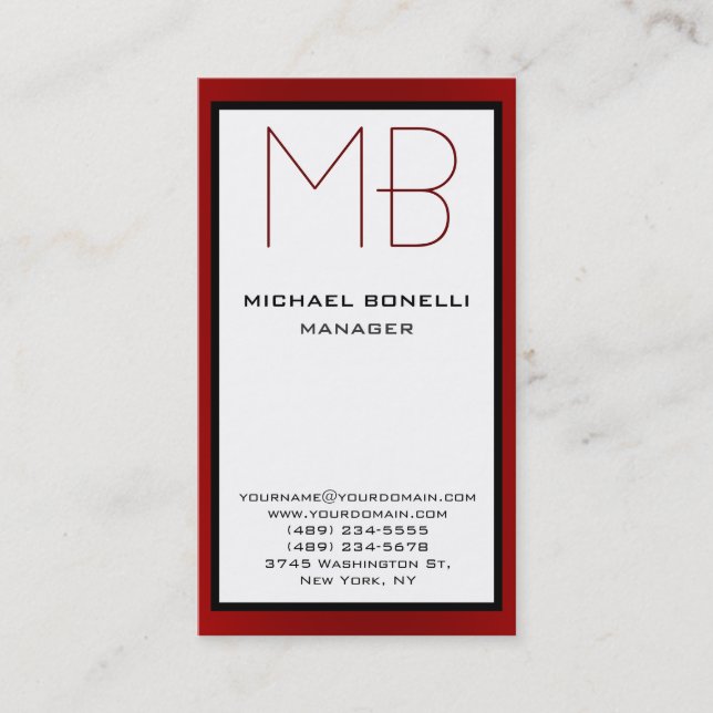 Vertical white red border monogram business card (Front)