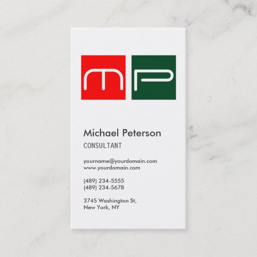 Vertical White Red Green Monogram Business Card