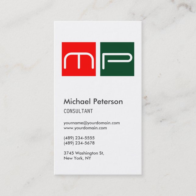 Vertical White Red Green Monogram Business Card (Front)