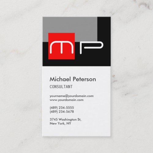 Vertical White Red Grey Monogram Business Card