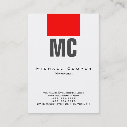 Vertical white red plain simple monogram clean business card