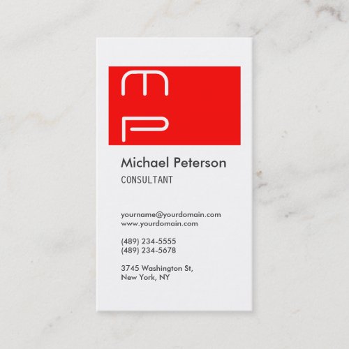 Vertical White Red Stripe Monogram Business Card