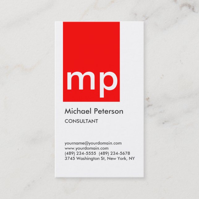 Vertical White Red Stripe Monogram Business Card (Front)