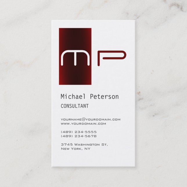 Vertical White Red Stripe Monogram Business Card (Front)
