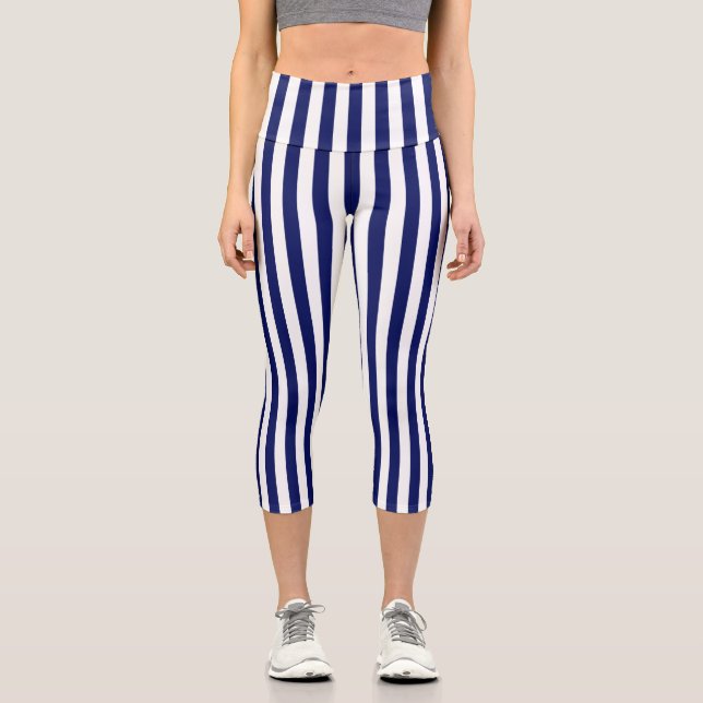 Vertical White Stripes DIY Color Background Navy Capri Leggings (Front)