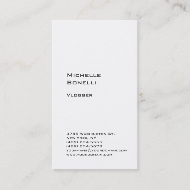 Vertical White Trendy Vlogger Blogger Web Designer Business Card (Front)
