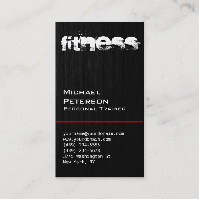 Vertical Wood Pattern Grey Fitness Business Card (Front)