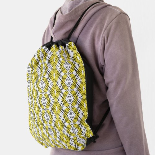 Vertical Yellow Black  White Geometric Pattern Drawstring Bag