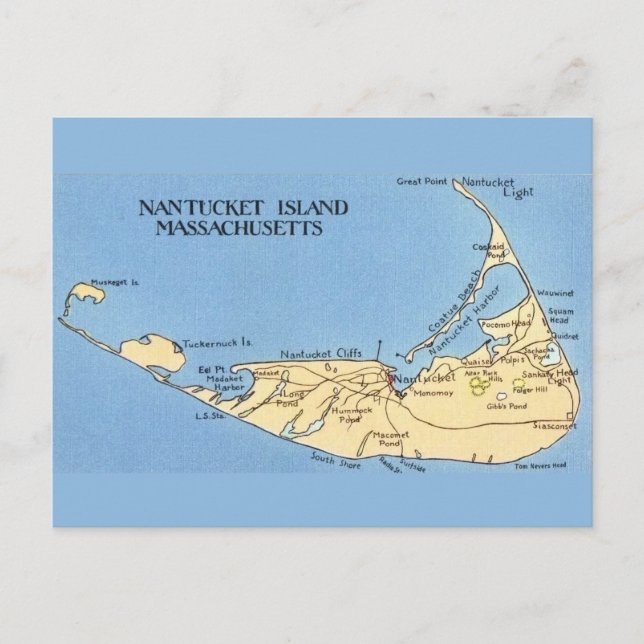 Very Blue Nantucket Island Map Postcard (Front)
