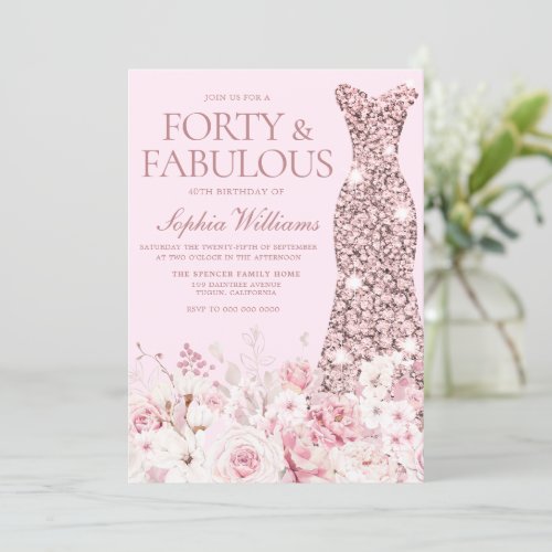 Very Blush Floral Rose Gold Dress 40th Birthday Invitation