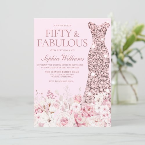 Very Blush Floral Rose Gold Dress 50th Birthday Invitation