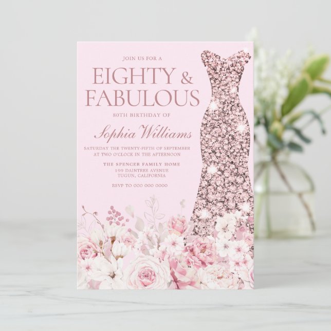 Very Blush Floral Rose Gold Dress 80th Birthday Invitation (Standing Front)
