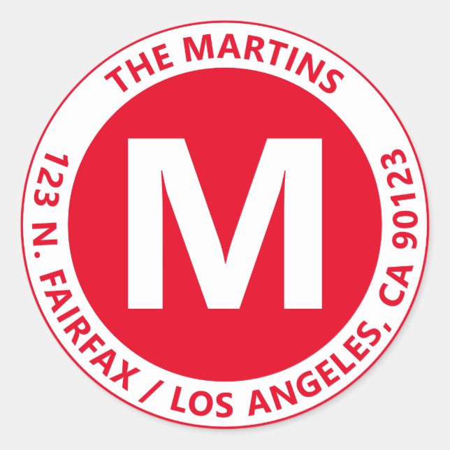 Very Bold Modern Red & White Monogram & Text Classic Round Sticker (Front)