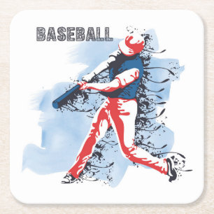 Very Cool and Colorful Baseball Player Swinging Square Paper Coaster