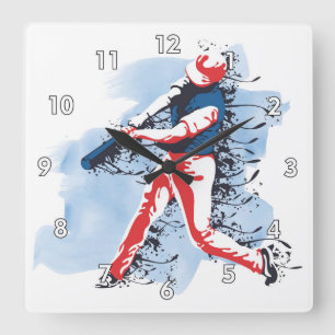 Very Cool and Colorful Baseball Player Swinging Square Wall Clock