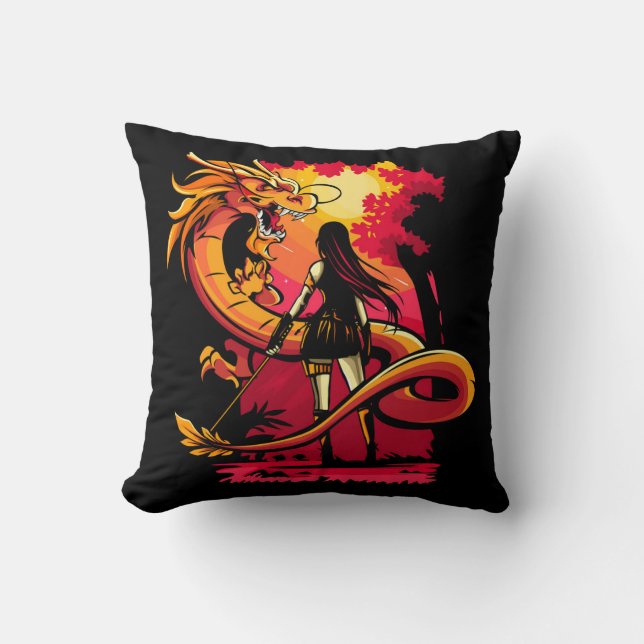 Very Cool and Colorful Dragon Slayer Drawing Throw Pillow (Front)