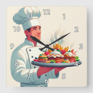 Very Cool and Colorful Perfect Chef Carrying Food Square Wall Clock