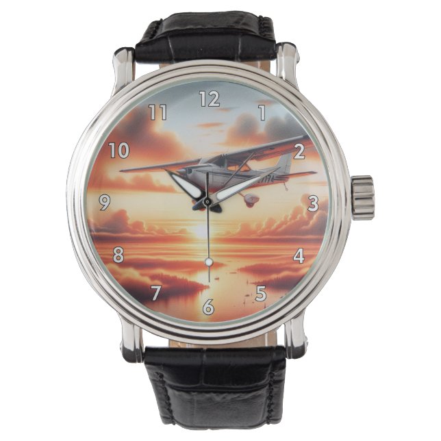 Very Cool Cessna Airplane in the Air at Sunset Watch (Front)