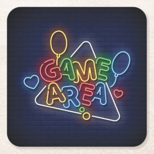 Very Cool & Colorful Simulated Neon Sign Game Area Square Paper Coaster