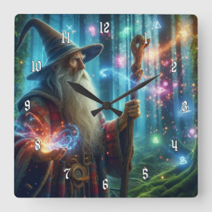 Very Cool & Colorful Wizard Casting a Spell Square Wall Clock
