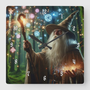 Very Cool & Colorful Wizard Casting a Spell Square Wall Clock