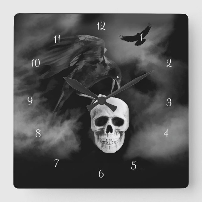Very Cool Gothic Style Raven and Skull Samhain Square Wall Clock (Front)