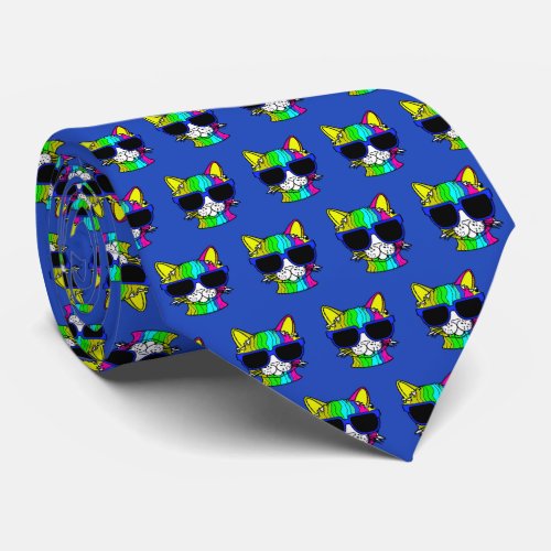 Very Cool Rainbow Cat Pattern on Blue Neck Tie
