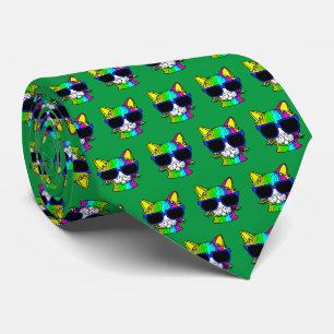 Very Cool Rainbow Cat Pattern on Green Neck Tie