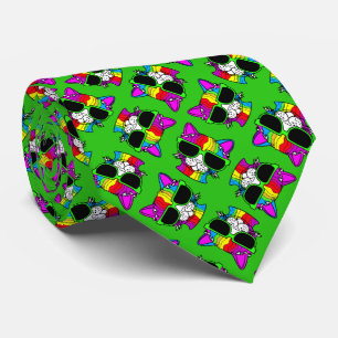 Very Cool Rainbow Cat Pattern on Green Neck Tie