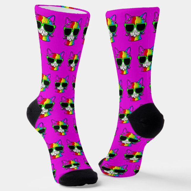 Very Cool Rainbow Cat Pattern on Hot Pink  Socks (Angled)