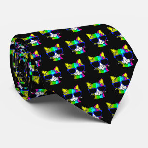 Very Cool Rainbow Cat w Sunglass Pattern on Black Neck Tie