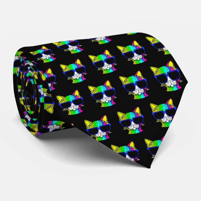 Very Cool Rainbow Cat w Sunglass Pattern on Black Neck Tie (Rolled)