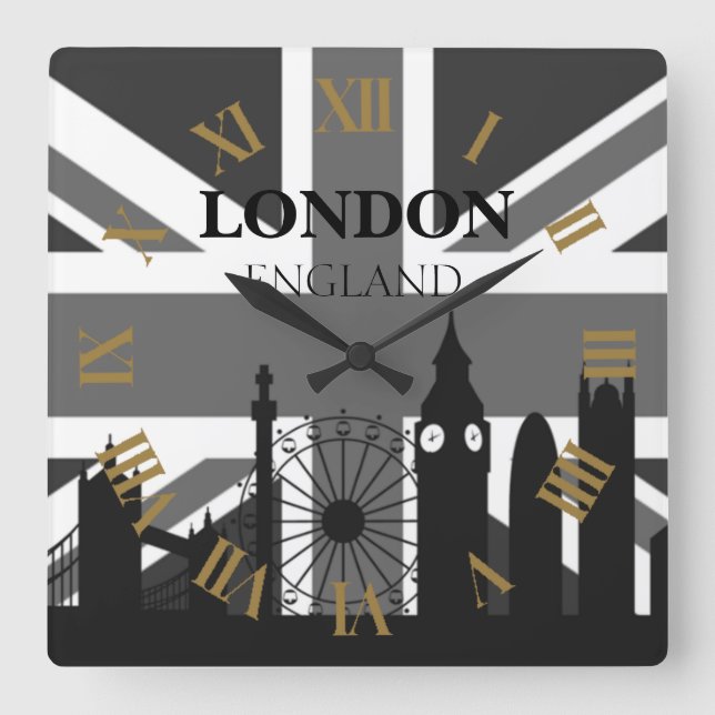 Very Cool Trendy Black Gray London Union Jack Square Wall Clock (Front)