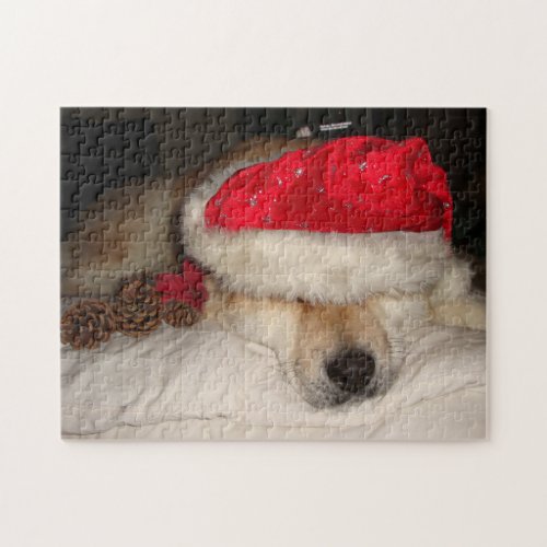 very cute akita dog sleeping dressed for christmas jigsaw puzzle