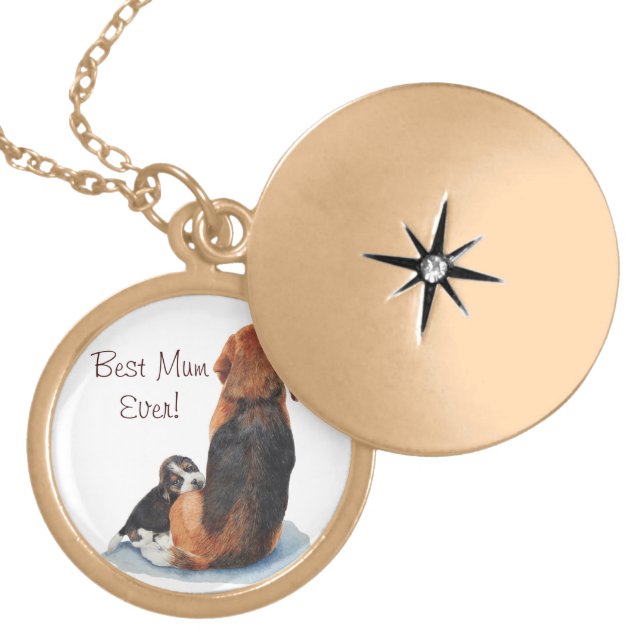 very cute beagle puppy cuddling his mom locket necklace (Front)