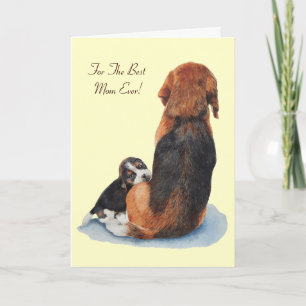 very cute beagle puppy cuddling mom card
