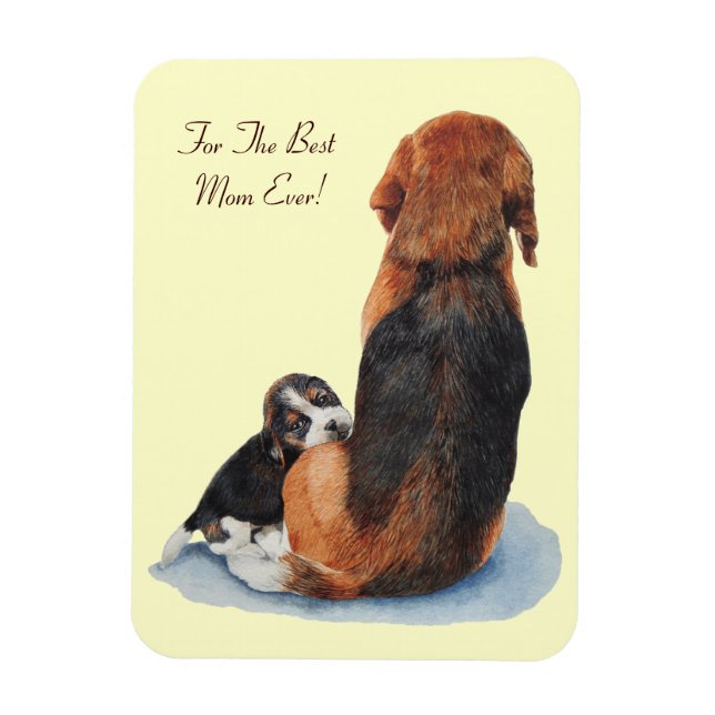 very cute beagle puppy cuddling mom magnet (Vertical)