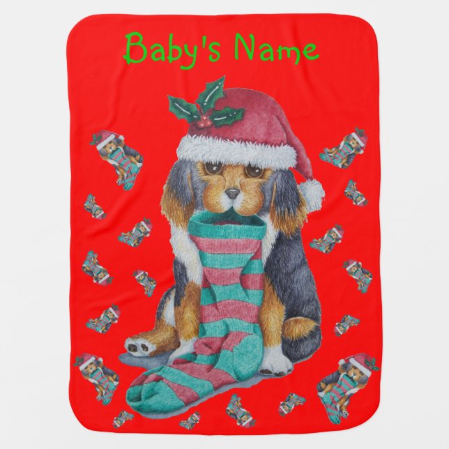 very cute black and brown puppy christmas stroller blanket (Front)