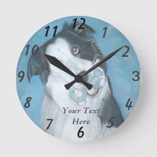 very cute black and white border collie dog round clock