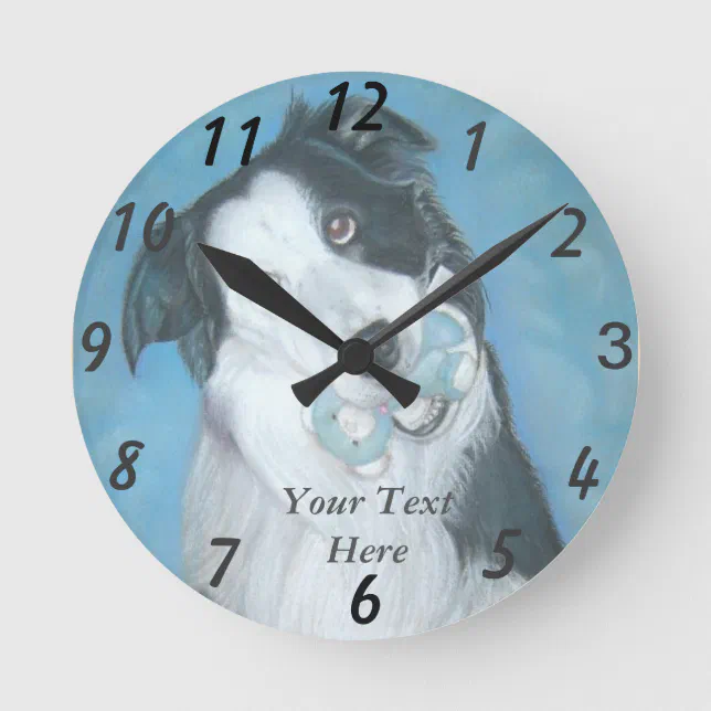 very cute black and white border collie dog round clock | Zazzle