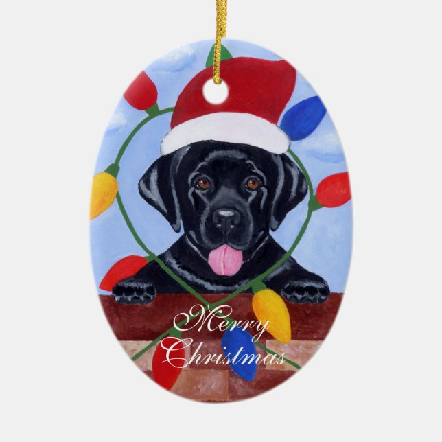 Very Cute  Black Labrador Puppy Christmas Ceramic Ornament (Front)