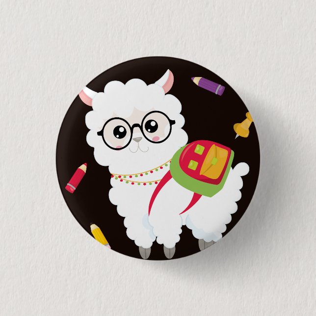 Very cute l Llama with backpack Button (Front)