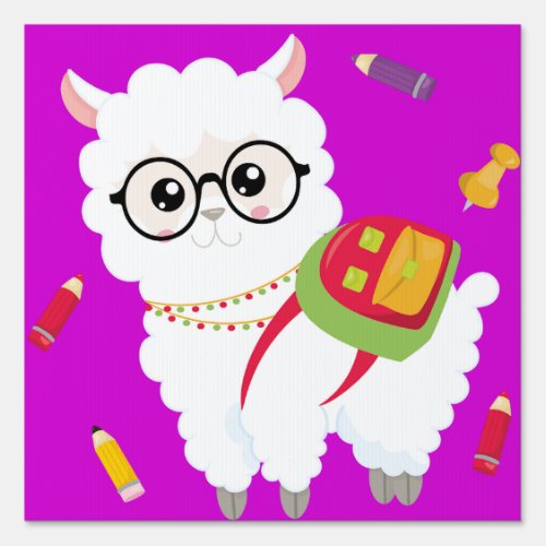 Very cute l Llama with backpack pink Sign