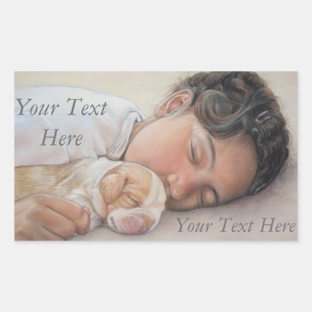 very cute little girl cuddling tiny beagle puppy rectangular sticker (Front)