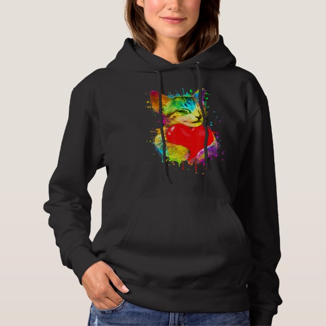 Very Cute Looking Cat Cuddling Heart Kitten Hoodie (Front)