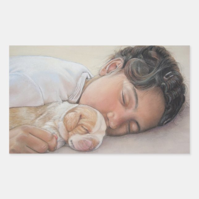 very cute picture of child and beagle puppy  rectangular sticker (Front)