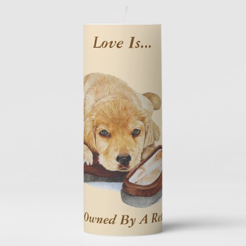 very cute picture of golden retriever puppy dog pillar candle