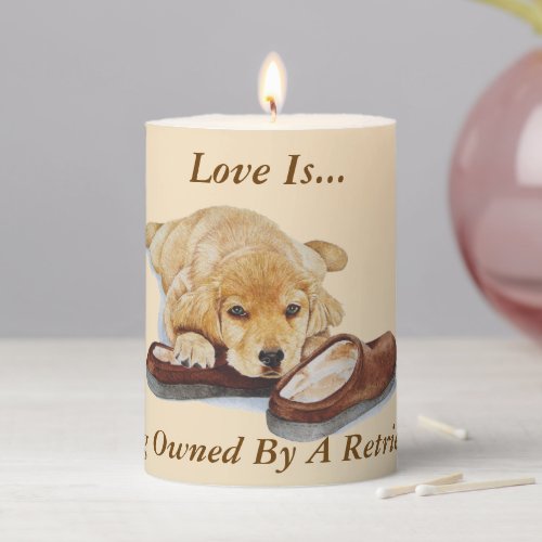 very cute picture of golden retriever puppy dog pillar candle