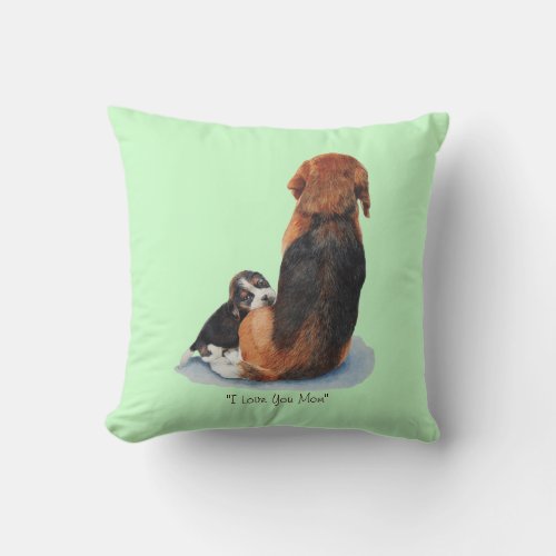 very cute puppy beagle cuddling mom dog throw pillow