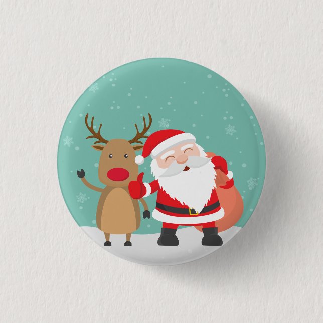 Very Cute Santa Claus and Reindeer Pin Button (Front)